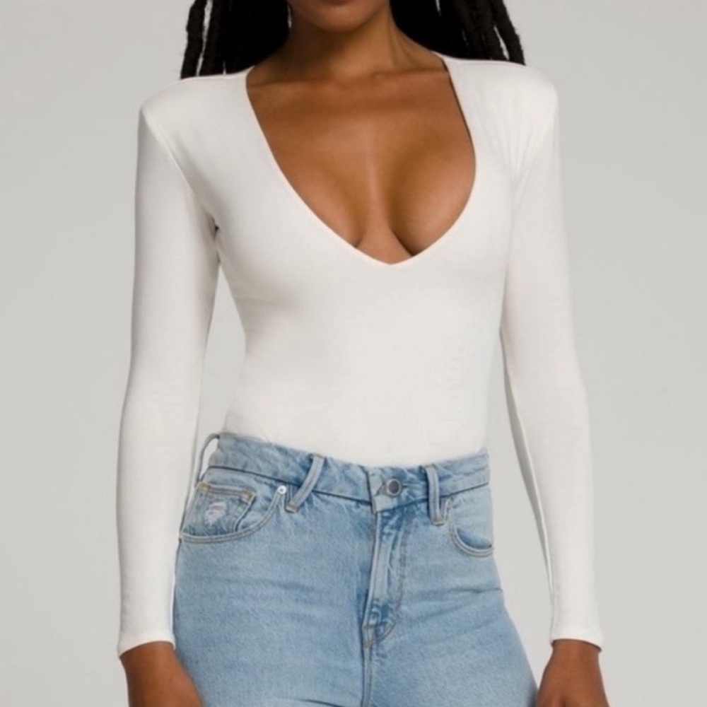 NWT Good American Low Down Deep V Body Suit Long Sleeve Ivory Sz 3 Large